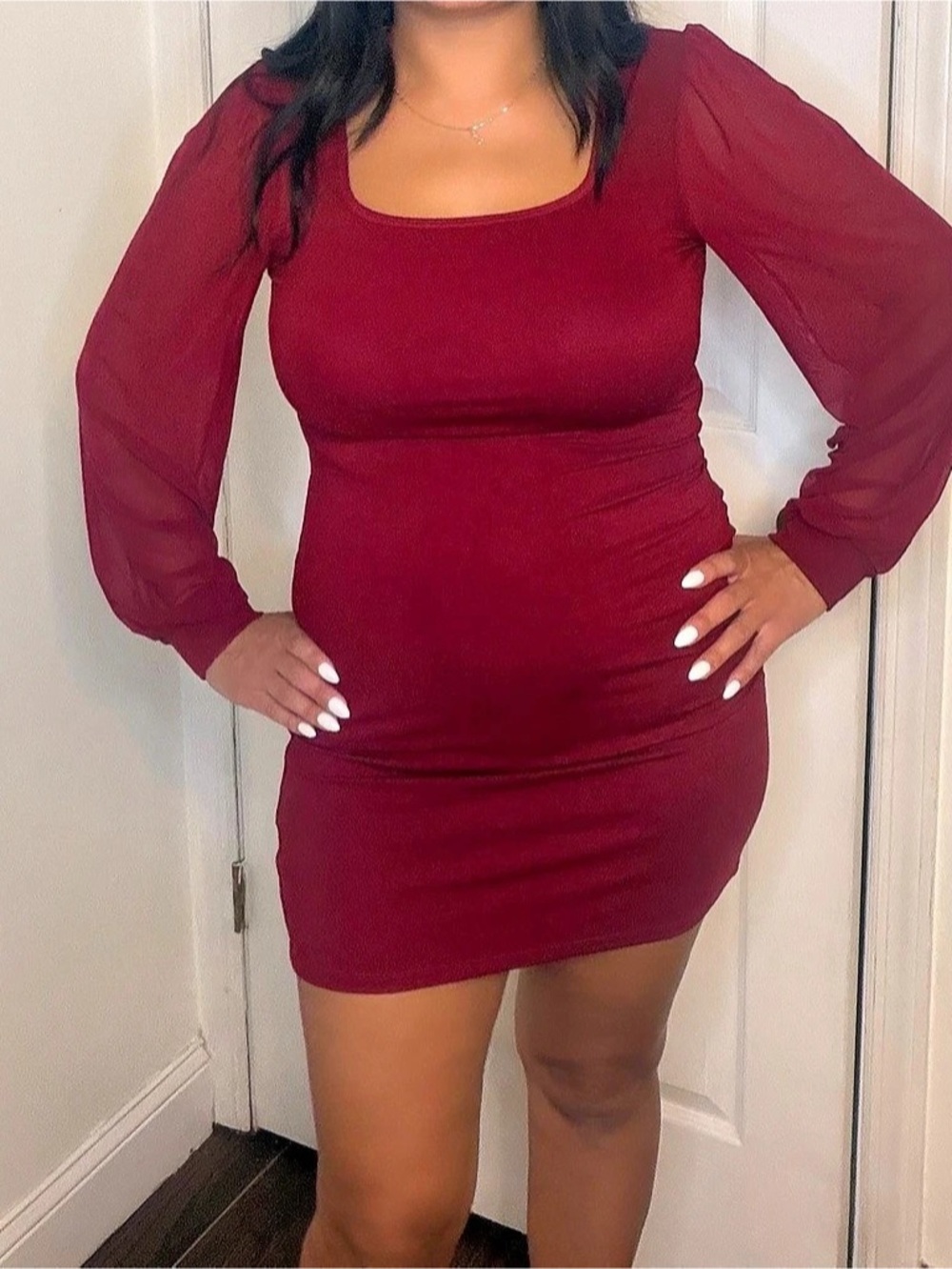 JOYSHAPER burgundy Long Sleeve Square Neck Mini Dress